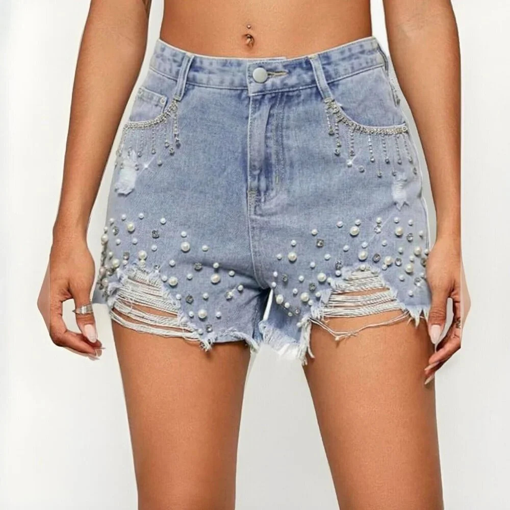Pearls Beaded Ripped Raw Hem Denim Shorts Size Large Light Wash Gem